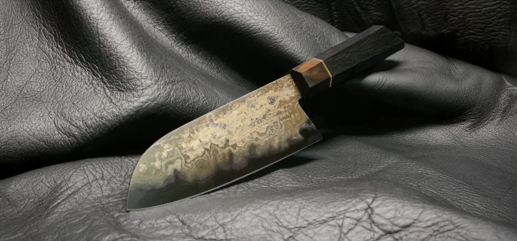 santoku san mai fer puddlé effet mineral doré